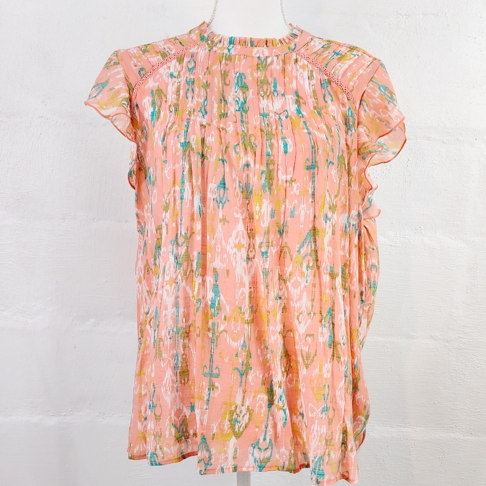 Nanette Lepore Peach Floral Print Ruffle Sleeve Blouse